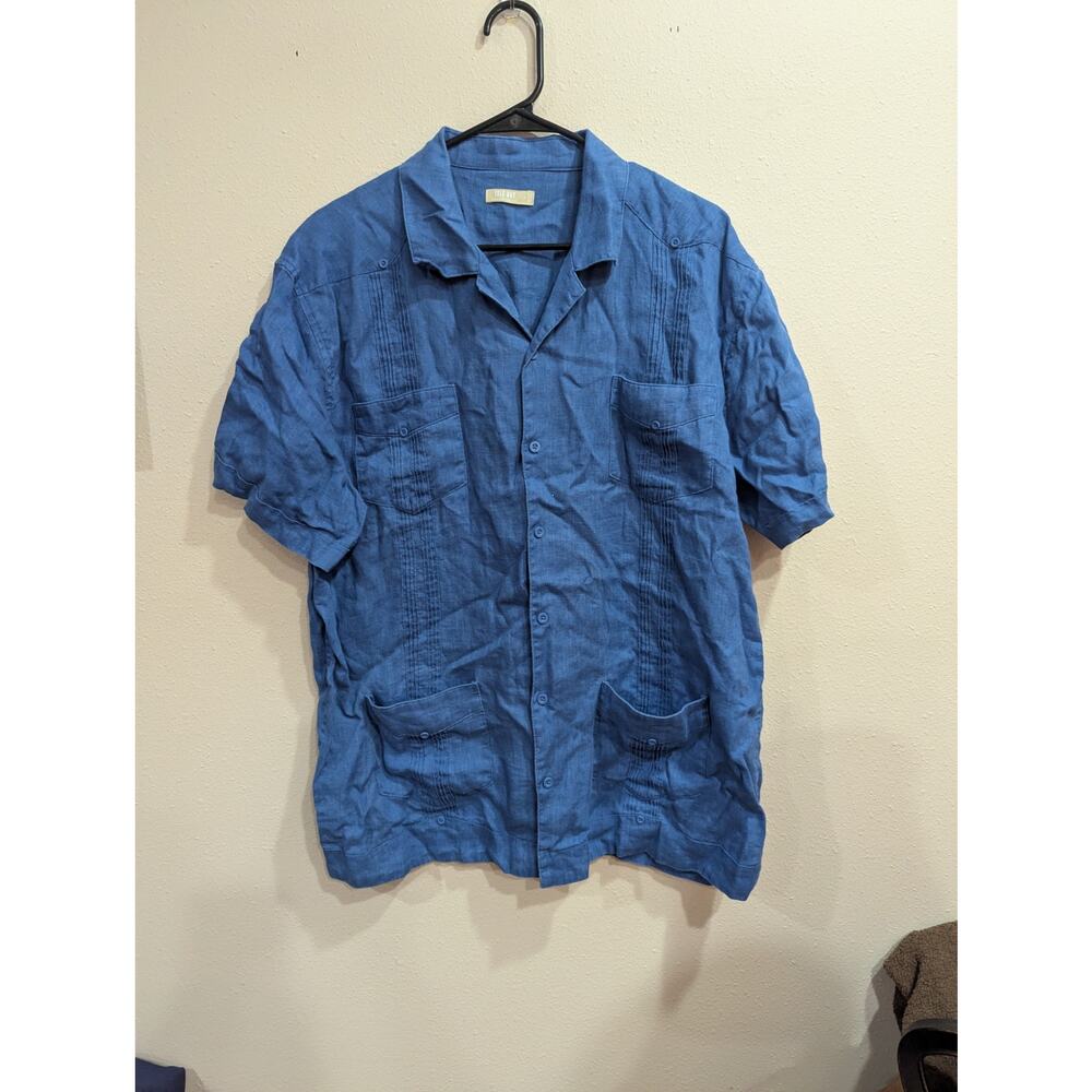 Men's blue cabana button up short sleeve linen shirt by Isle Bay size L